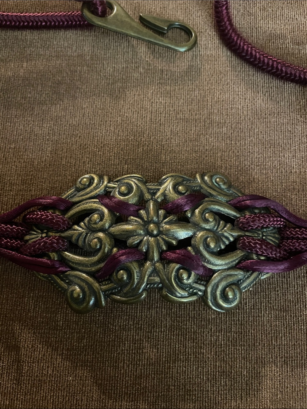 Vintage Whimsical Braided Plum Belt with Vintage Brass Accents